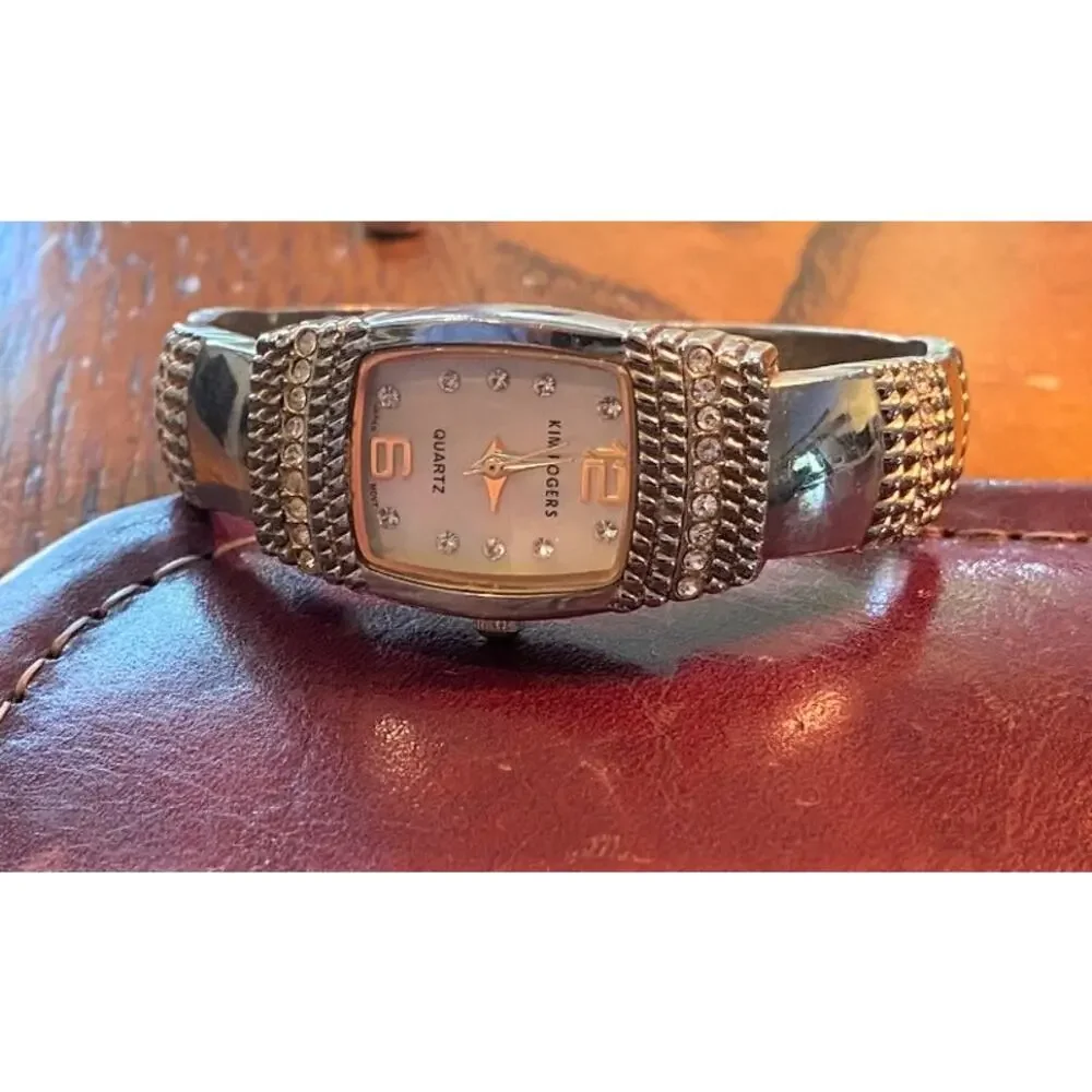 Women's Kim Rogers Silver Tone Bangle Bracelet Watch with MOP Face,Crystal Accen